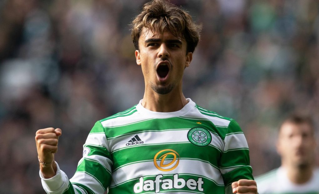 GLASGOW, SCOTLAND - SEPTEMBER 25: Celtic's Jota celebrates his assist to make it 1-0 during a cinch Premiership match between Celtic and Dundee United at Celtic Park, on September 25, 2021, in Glasgow, Scotland. (Photo by Craig Foy / SNS Group)