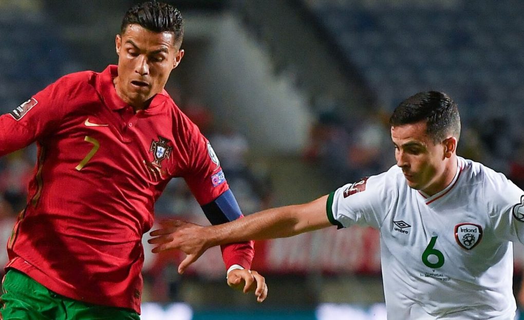 Cristiano Ronaldo of Portugal in action against Josh Cullen