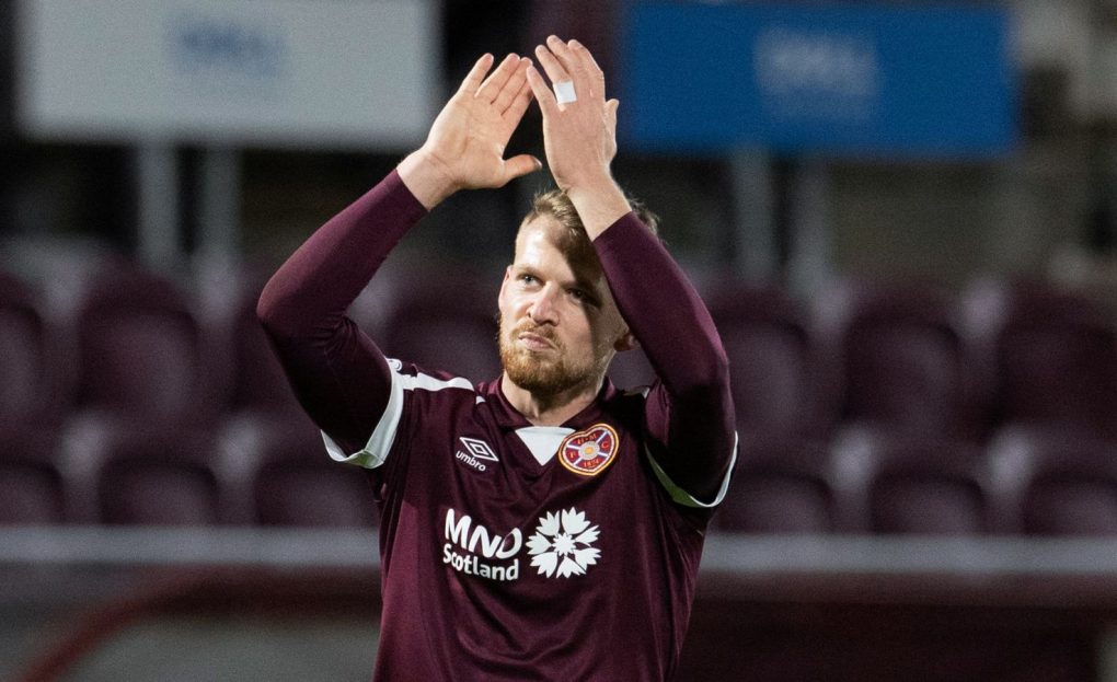 EDINBURGH, SCOTLAND - NOVEMBER 27: Hearts' Stephen Kingsley at full time during a cinch Premiership match between Heart of Midlothian and St Mirren at Tyncastle Park, on November 27, 2021, in Edinburgh, Scotland. (Photo by Ross Parker / SNS Group)