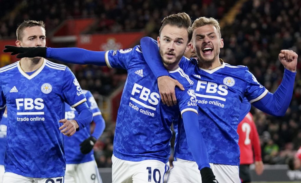 James Maddison (left) celebrates with Kiernan Dewsbury-Hall after scoring Leicester's second goal of the game